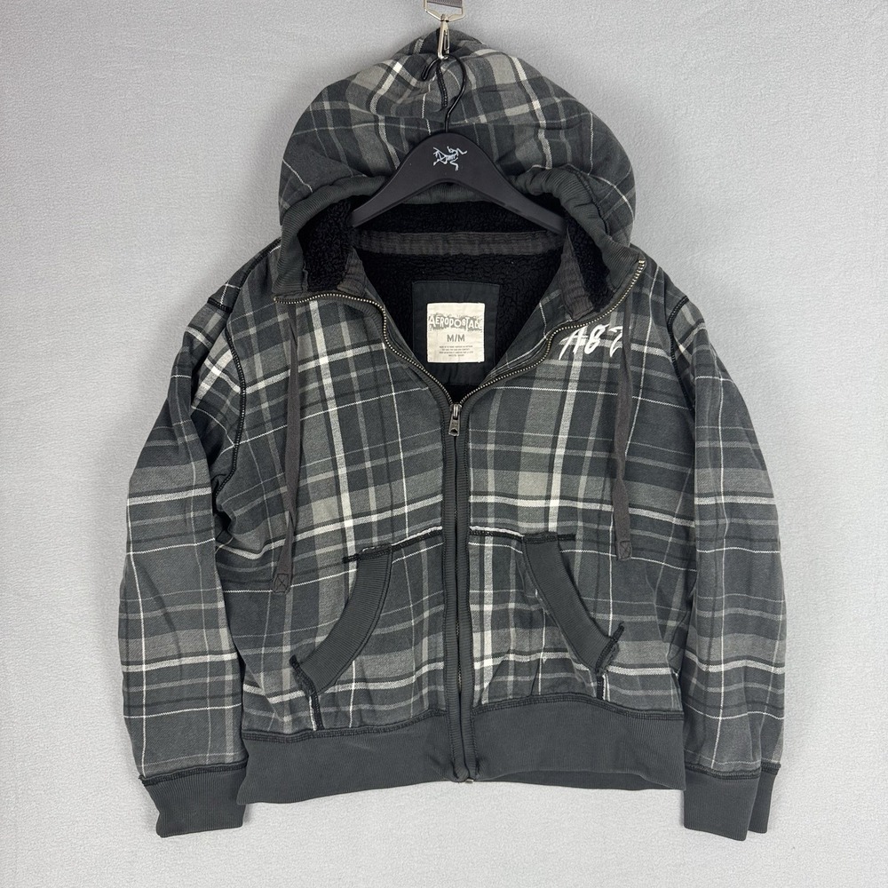 Vintage Aeropostale Plaid Sherpa Lined Full Zip Hoodie Mens Medium Y2K Grunge